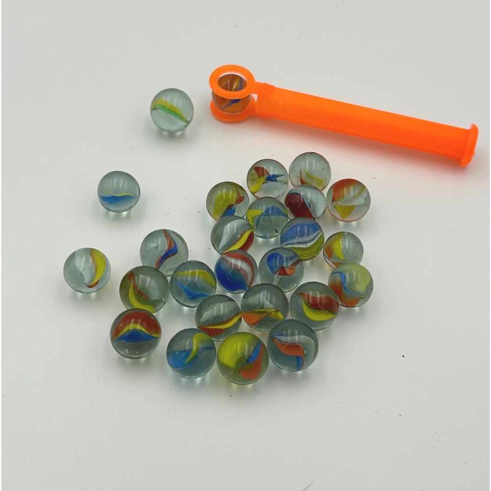 Vintage Cat Eye Glass Marbles Lot of 24 Multi Color Swirl with Orange Tool